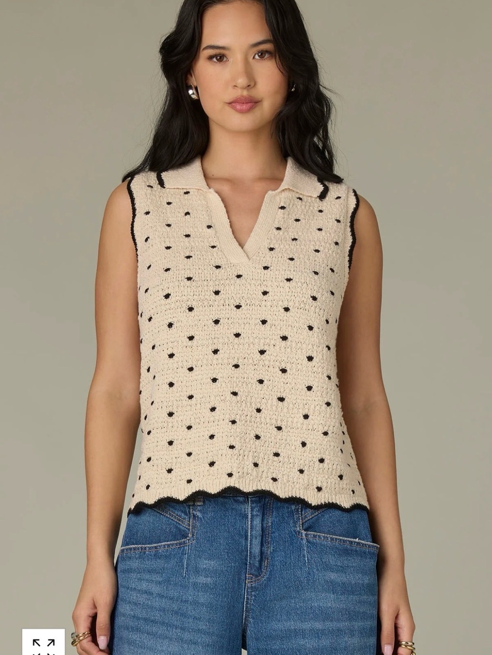 Wit & Wisdom Cream Knit Sleeveless Polka Dot Tank with Black Trim - Picture 2 of 9